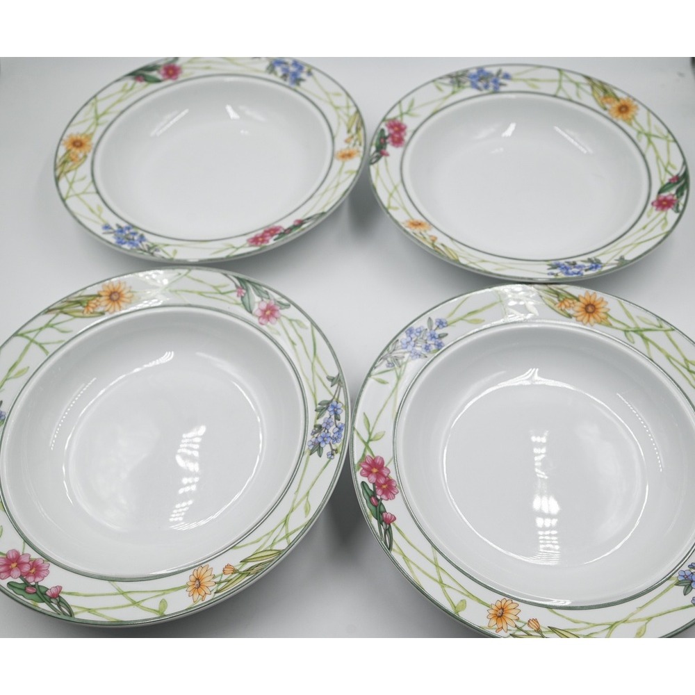 Dansk Cafe Floral Rimmed Soup Bowls Set of 4 Wildflower Porcelain 8.5 Inch